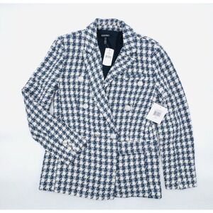 NWT $179 Ellen Tracy Wool-Blend Boucle Houndstooth Blazer Blue Cream Women's S